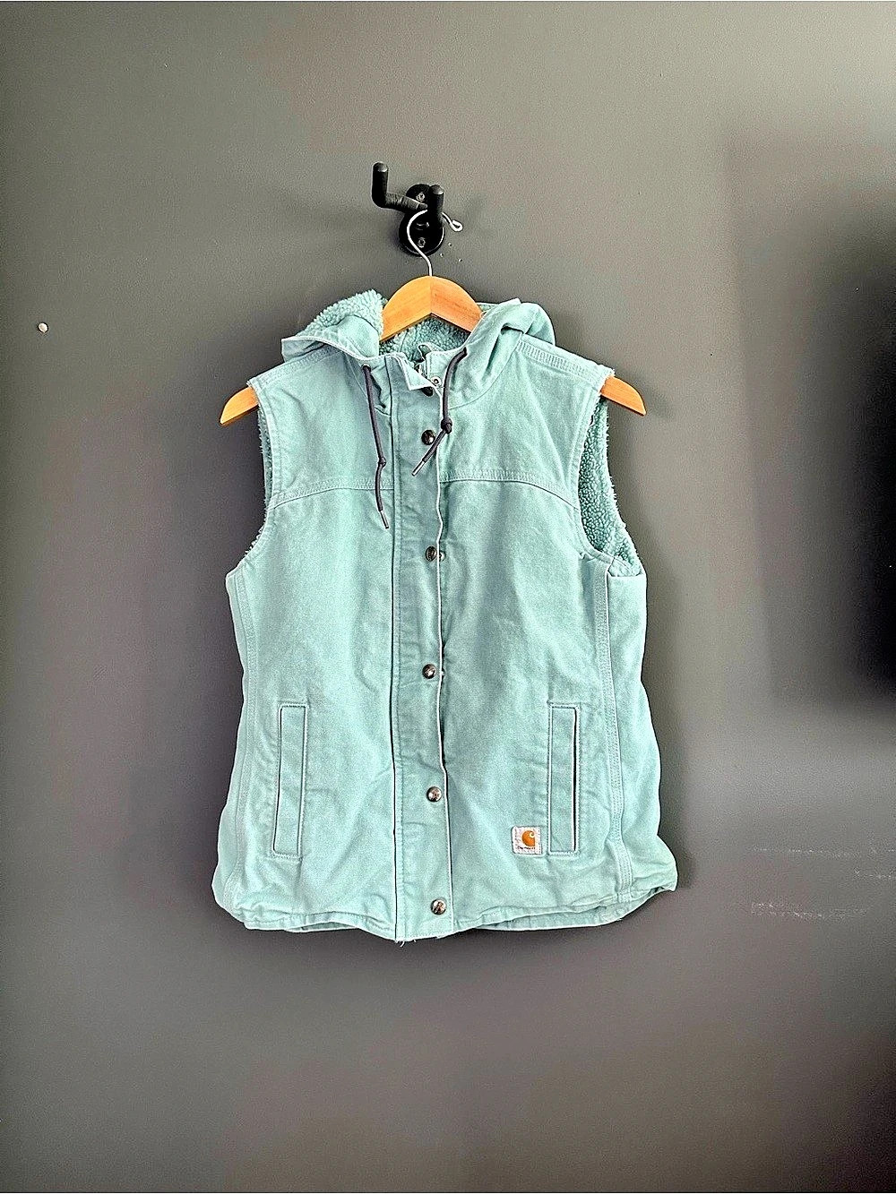 Vintage women's  Carhartt Sherpa Lined Hooded Vest Mint Green Pastel Sandstone S